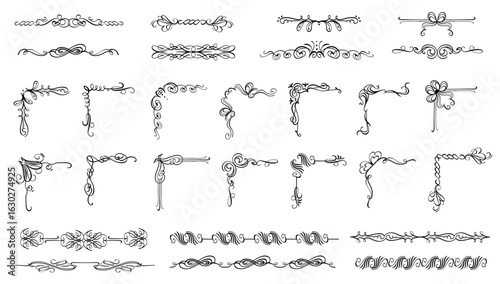 Flourish Corner and Divider Elements Set. Hand Drawn Vector Ornaments