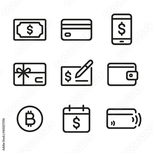 Payment Methods Icons. Outline icon set of store payment methods: cash, credit card, mobile payment, gift card, check, digital