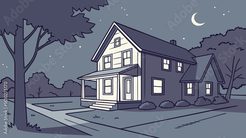 Illustration of a two story house with a porch at night under a crescent moon and starry sky landscape scene