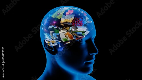 Human head with brain made of animated video clips collage and neurons firing