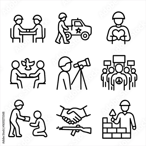 Peacekeeping Icon Set. Outline icon set of peacekeeping activities: negotiation, patrol, humanitarian aid, conflict mediation,