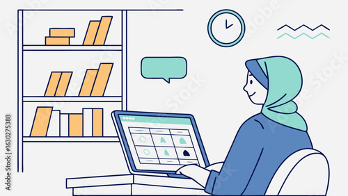Muslim woman in hijab working remotely at home desk with laptop, books, and modern interior illustration
