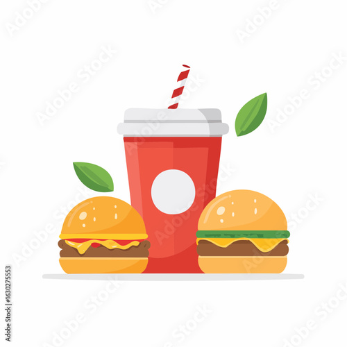 Vector illustration of a fast food meal combo with two burgers and a soda. Quick lunch concept on a white background.