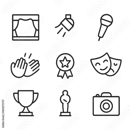 Performance Icon Set. Outline icon set of clapping and performance: stage, spotlight, microphone, applause, award, trophy, ribbon,