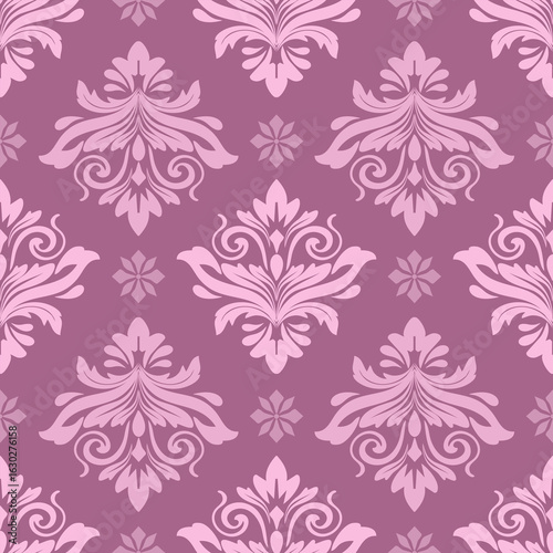 Damask seamless floral pattern, Reddish pink color, vector illustration elegant for textile, bedding, rug, curtains, cushion cover, upholstery fabric, fashion, vintage and luxury design, Baroque style