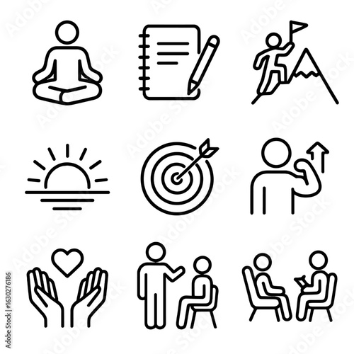 Personal Growth Icons. Outline icon set of life and personal growth steps: meditation, journal, mountain climb, sunrise, goal