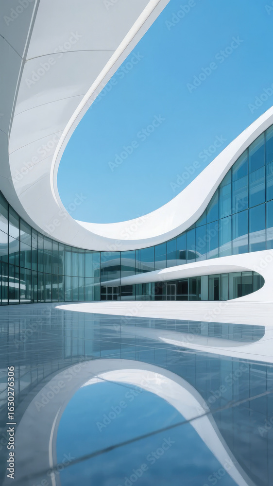 Fototapeta premium Modern Architectural Structure with Curved Glass Facade and Reflective Surface