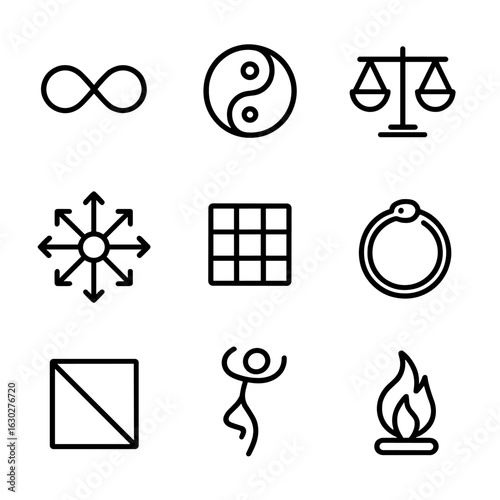 Philosophical Icon Set. Outline icon set of eternal philosophical concepts: infinity, duality, balance, chaos, order, eternity