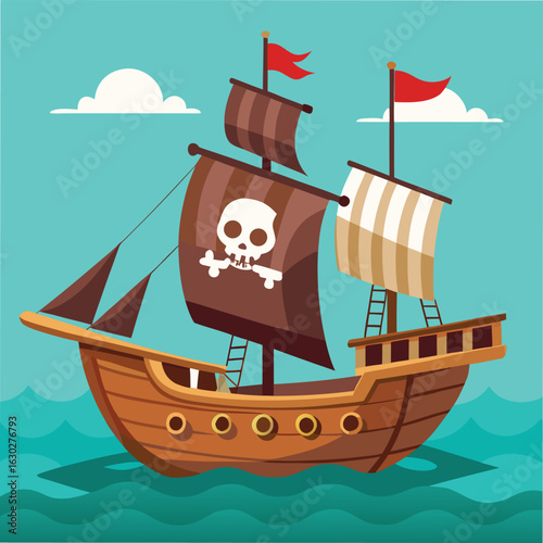 Charming stylized illustration of a classic pirate ship