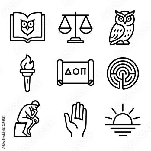 Philosophy Icon Set. Outline icon set of philosophical legacy: book of wisdom, scales of justice, owl, torch, scroll with symbols,