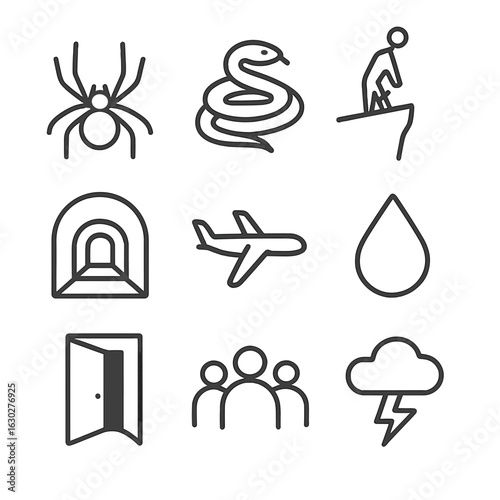 Phobia Icons Set. Outline icon set of phobias: spider outline, snake coiled, heights cliff edge, enclosed space tunnel, flying