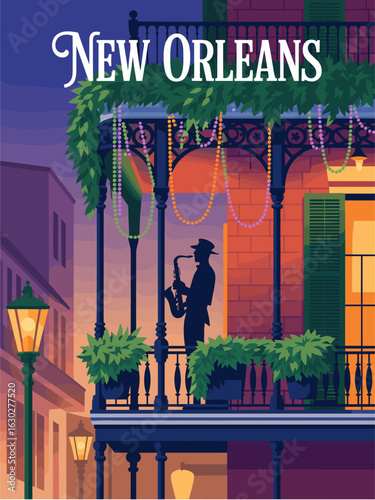 Retro travel poster of New Orleans with French Quarter balcony, Mardi Gras beads, jazz musician silhouette, gas lamps, and warm twilight colors. Vintage charm meets musical heritage.

