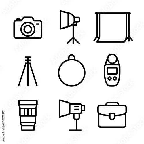 Photography Gear Icons. Outline icon set of photography studio gear: camera, softbox light, backdrop, tripod, reflector, light