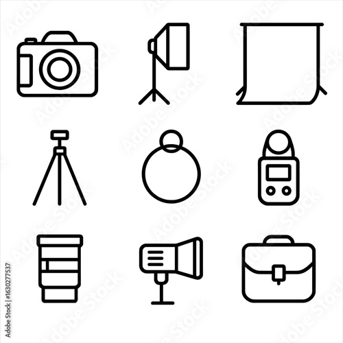 Photography Gear Icons. Outline icon set of photography studio gear: camera, softbox light, backdrop, tripod, reflector, light