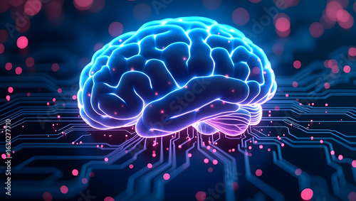 Blue abstract illustration of the human brain with technology and intelligence, depicted as a 3D computer scan of the anatomy