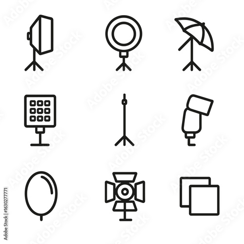 Photography Lighting Icons. Outline icon set of photography lighting: softbox, ring light, umbrella light, LED panel, light stand,