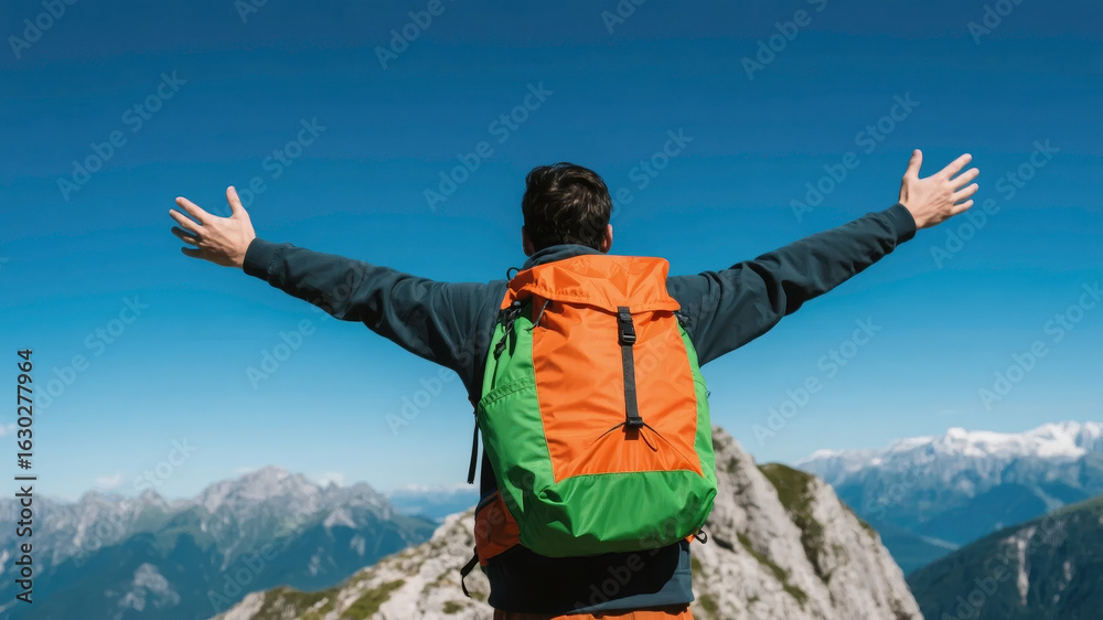 Hiker with arms outstretched on mountain peak, enjoying the scenic view Hiker with arms outstretched on mountain peak, enjoying the scenic view