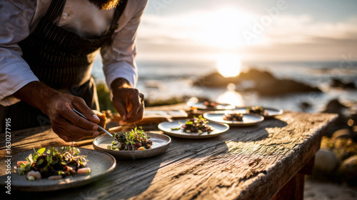 Elegant food plating by chef at rustic seaside table during sunset, highlighting slow food, seasonal ingredients, and mindful dining
