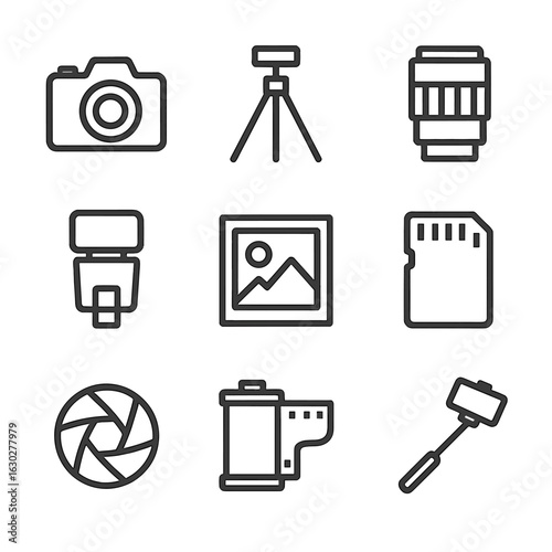 Photography Icon Set. Outline icon set of passion for photography: camera, tripod, lens, flash, photo frame, memory card, shutter