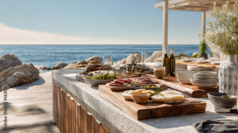 Naklejka premium Outdoor kitchen by the sea with gourmet appetizers, cheeses, and olive oil on a stone counter, evoking Mediterranean summer dining