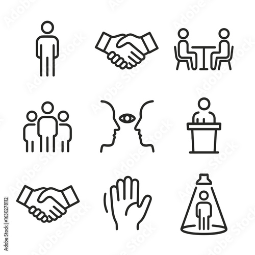 Physical Presence Icons. Outline icon set of physical presence concepts: human figure, handshake, meeting, group gathering, podium