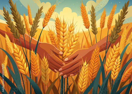 Hands gently holding ripe wheat in a golden field