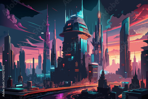 Futuristic cityscape at dusk with neon lights and dramatic sky