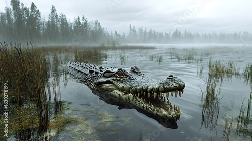 A large crocodile in a misty swamp