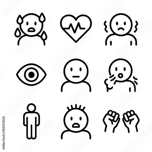 Physiological Fear Icons. Outline icon set of physiological fear reactions: sweating, increased heartbeat, shaking, pupil dilation