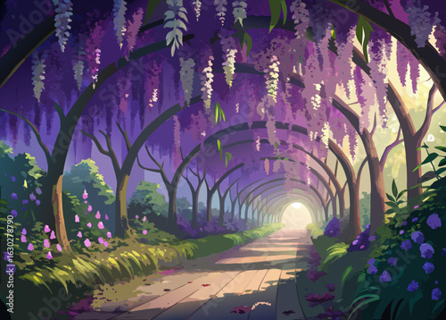 Enchanting wisteria tunnel path bathed in golden sunlight