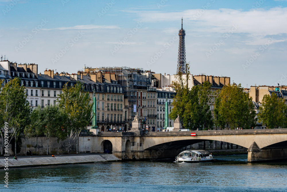 Obraz premium A tour boat on the Seine River, passing a bridge with the Eiffel Tower visible on the horizon.