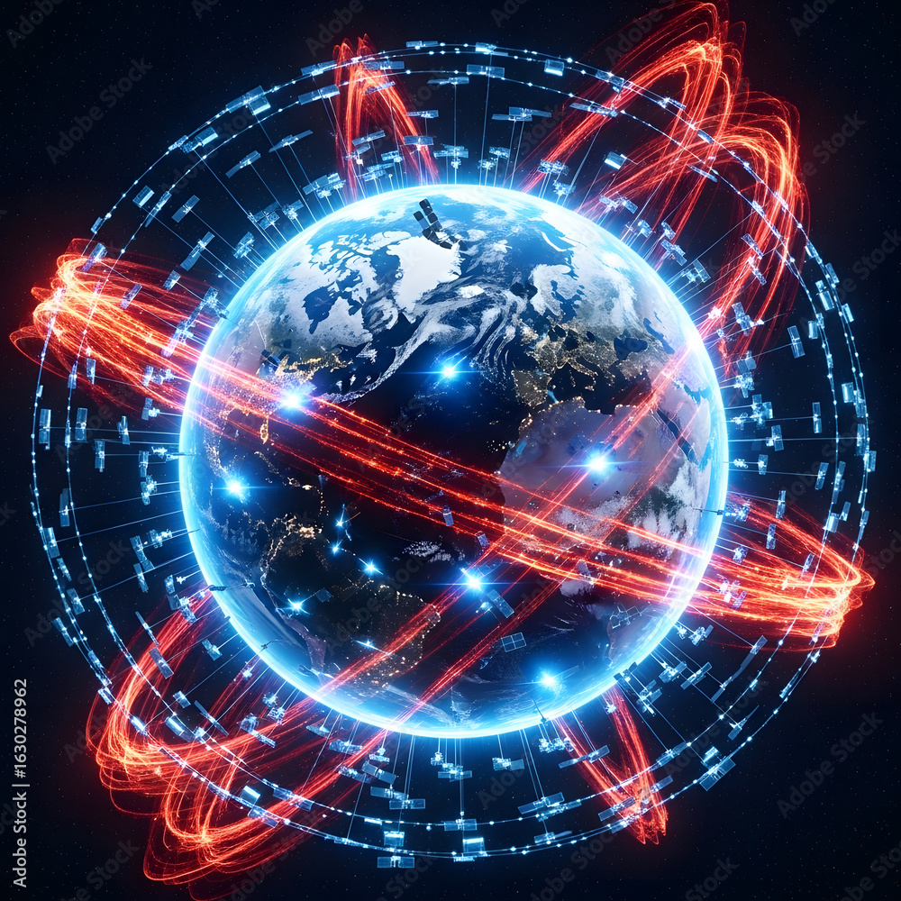 Fototapeta premium Global Network: A stunning view of Earth enveloped in a vibrant network of digital connections, highlighting the interconnectedness and technological advancements of our modern world.