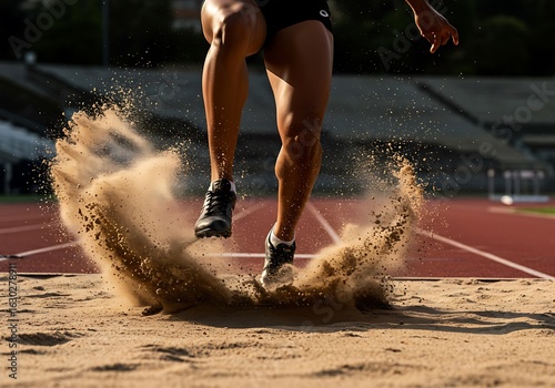 Dynamic athlete leaping in a long jump event, with sand flying in the air, capturing the essence of motion, sport, and determination.