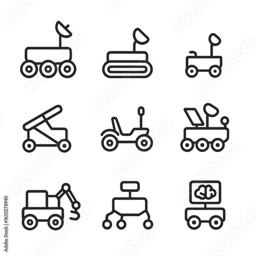 Planetary Rover Icons. Outline icon set of planetary rover designs: six-wheel rover, tracked rover, micro rover, foldable rover,