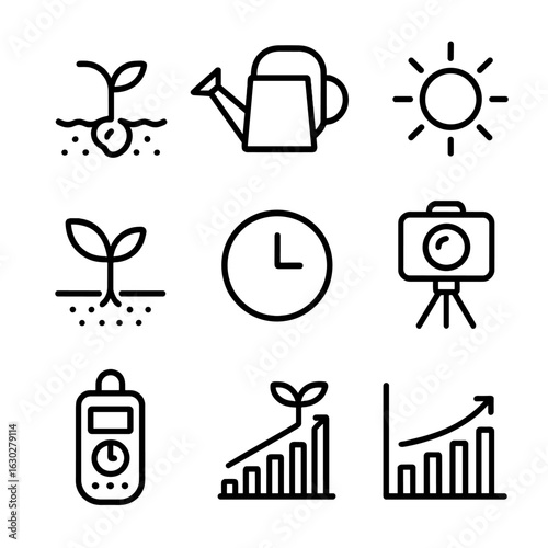 Plant Growth Icons. Outline icon set of plant growth timelapse: seed sprout, watering can, sun icon, soil layer, leaf unfolding,