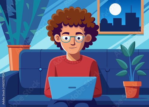 Person working on a laptop at home with plants and city view