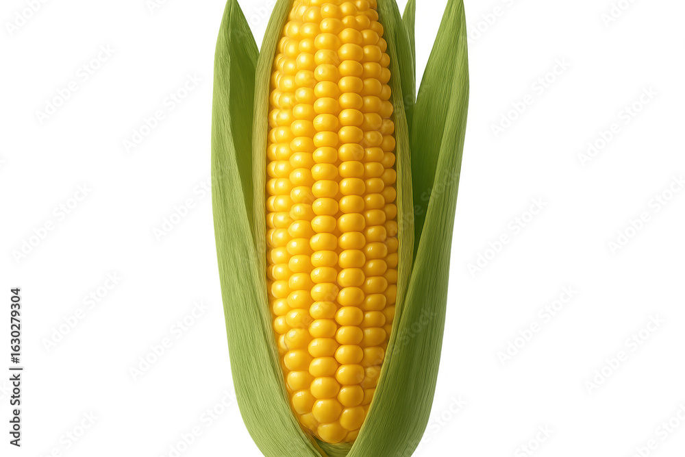 Obraz premium Ripe corn cob partially covered by green leaves on transparent background