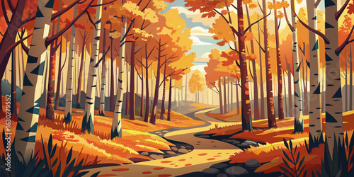 Vibrant autumn forest path with golden leaves and birch trees