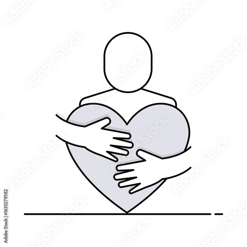 Self Care Icon. Person Holding Heart, Promoting Wellness and Emotional Health. Vector Illustration.