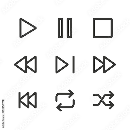Playback Control Icons. Outline icon set of basic playback controls: play button, pause button, stop button, rewind arrow,
