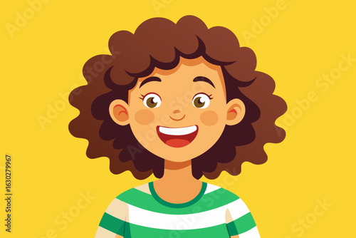 Happy girl with curly brown hair and green striped shirt