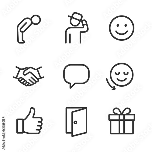 Politeness Icon Set. Outline icon set of politeness: bow, hat tip, smiling face, handshake, speech bubble, nodding head, thumbs up