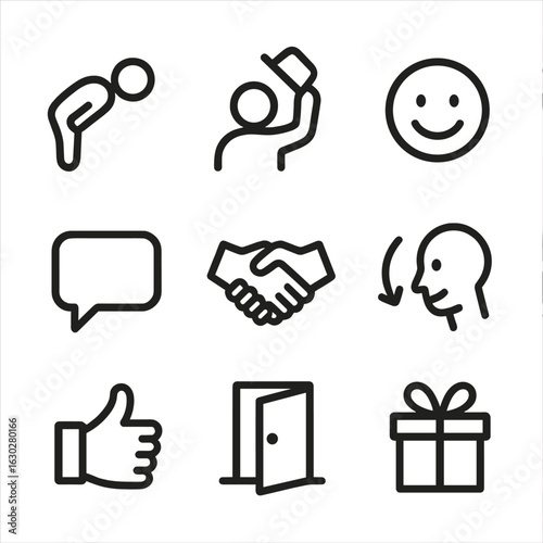 Politeness Icon Set. Outline icon set of politeness: bow, hat tip, smiling face, handshake, speech bubble, nodding head, thumbs up