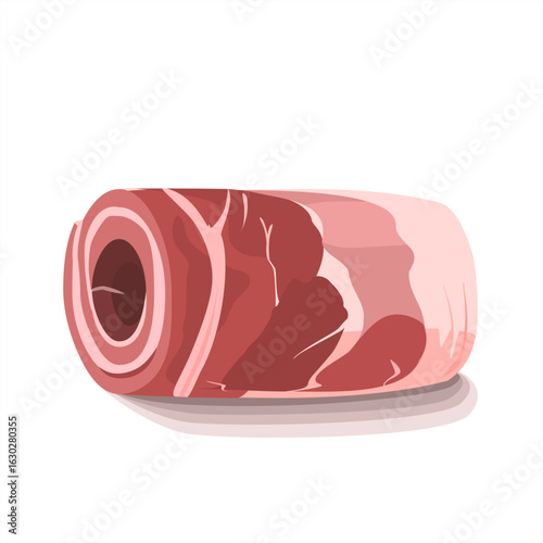 Ham rolls, raw smoked bacon, streaky brisket slices. Smoked bacon strips isolated on white background. Fresh thin sliced bacon. Cartoon Vector Illustration