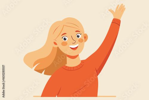 Smiling blonde woman waving hello with her right hand