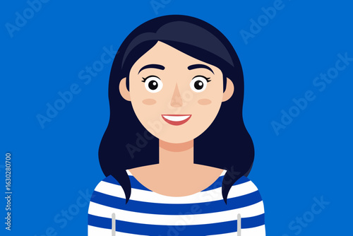 Smiling woman with dark hair wearing a blue and white striped shirt
