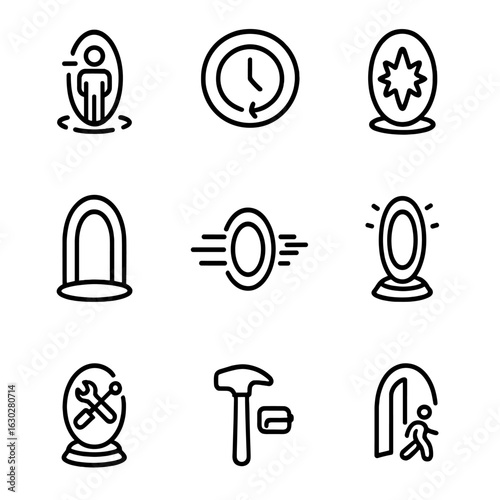 Portal Icon Sets. Outline icon set of portal functions: teleport, time travel, dimensional shift, entrance, exit, fast travel,