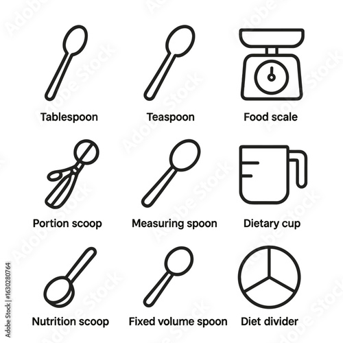 Portion Control Tools Icons. Outline icon set of portion control tools: tablespoon, teaspoon, food scale, portion scoop, measuring