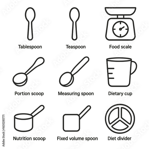 Portion Control Tools Icons. Outline icon set of portion control tools: tablespoon, teaspoon, food scale, portion scoop, measuring