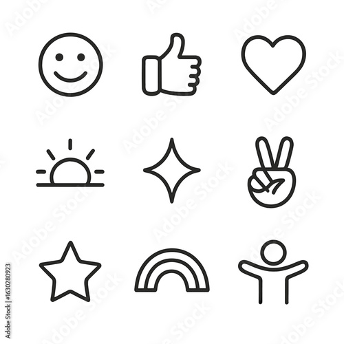Positivity Icon Set. Outline icon set of positivity symbols: smiling face, thumbs up, heart icon, rising sun, sparkle icon, peace